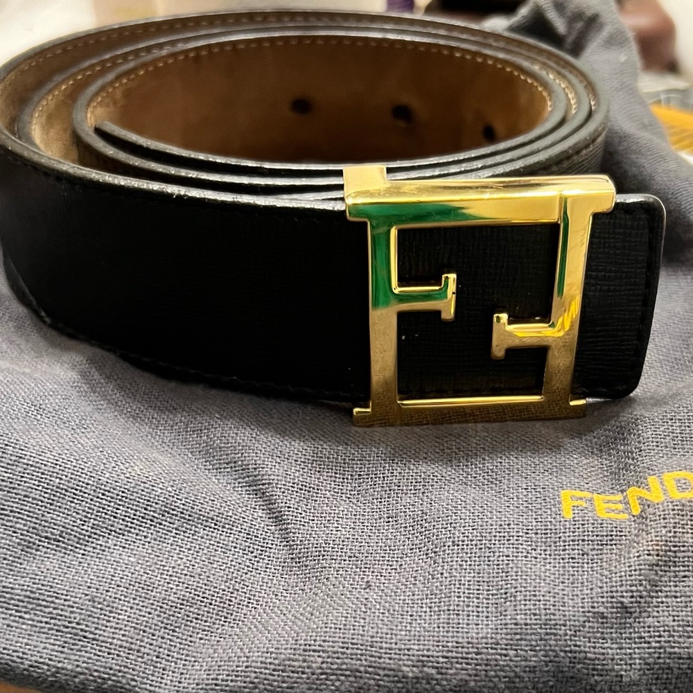 Authentic Fendi Black Leather Belt with Gold Logo Buckle